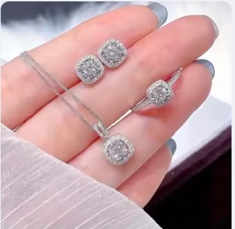 3Pcs Silver Zircon Necklace Earrings Ring