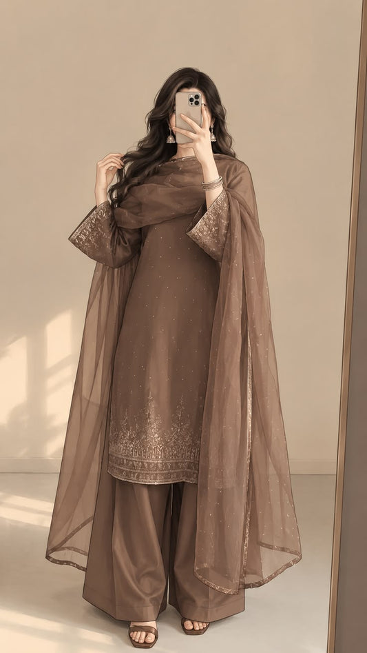 Elegant Brown Embroidered 3 Piece Lawn Suit for Women